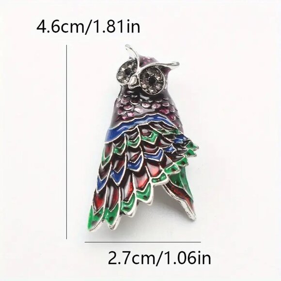 Owl Brooch Enamel Rhinestone Pin SIlver Bird Gems Sassy Trendy Stylish Glam Fun - Picture 4 of 4